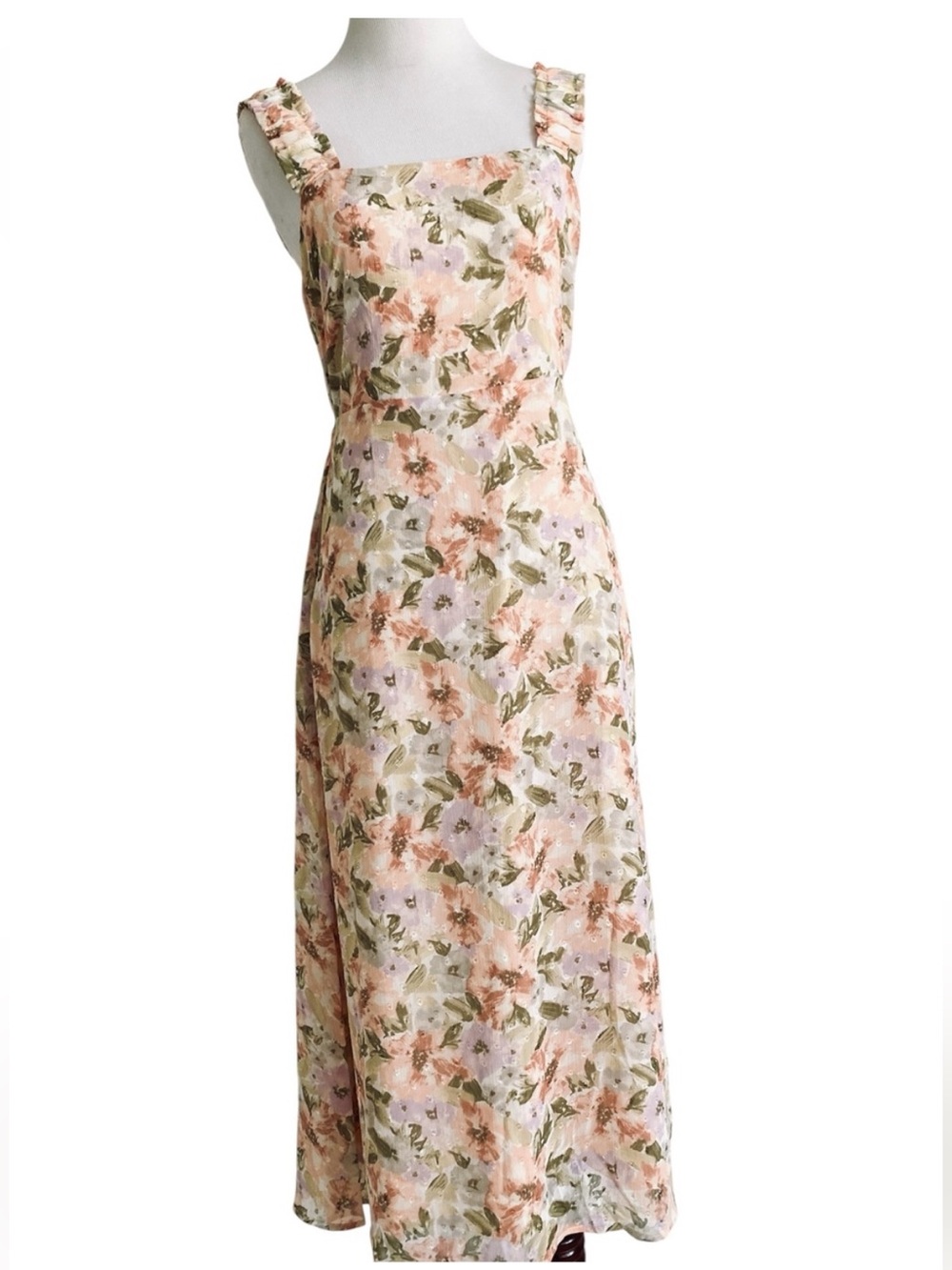 Sadie & Sage Cream Ivory Floral Midi Dress Pink & Green Cottagecore Boho Medium